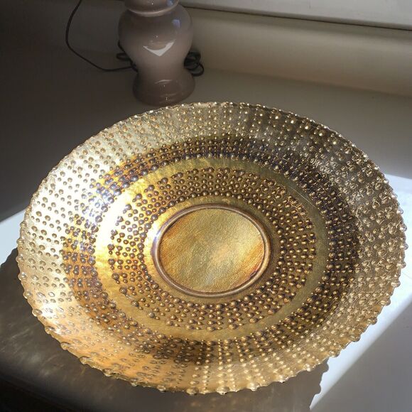 Large Glass Gold Leaf Backed Mid Century Modern 16" inch Wide Bowl Dot Progress - Picture 1 of 9